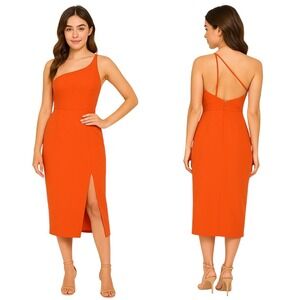 Hello Molly Dress Large Orange‎ One-Shoulder Midi Fitted Slit Padded Bust Bold